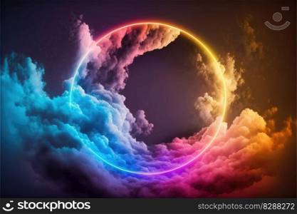Abstract of glowing clouds circle frame illuminated with neon light on darkness sky view. Concept of futuristic minimal geometric shape in paradise. Finest generative AI.. Abstract of glowing clouds circle frame illuminated with neon light on sky view.
