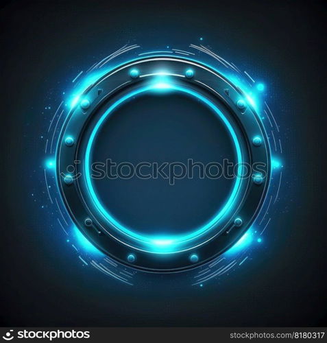 Abstract of glowing futuristic circle frame illuminated with neon blue color light. Concept of futuristic geometric shape in gaming. Finest generative AI.. Abstract of glowing futuristic circle frame illuminated with neon blue light.