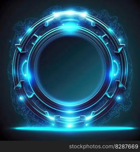 Abstract of glowing futuristic circle frame illuminated with neon blue color light. Concept of futuristic geometric shape in gaming. Finest generative AI.. Abstract of glowing futuristic circle frame illuminated with neon blue light.