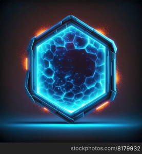 Abstract of glowing futuristic hexagon frame illuminated with neon blue color light. Concept of futuristic geometric shape in gaming. Finest generative AI.. Abstract of glowing futuristic hexagon frame illuminated with neon blue in game.