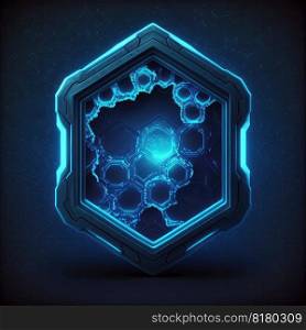 Abstract of glowing futuristic hexagon frame illuminated with neon blue color light. Concept of futuristic geometric shape in gaming. Finest generative AI.. Abstract of glowing futuristic hexagon frame illuminated with neon blue in game.