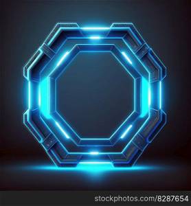 Abstract of glowing futuristic hexagon frame illuminated with neon blue color light. Concept of futuristic geometric shape in gaming. Finest generative AI.. Abstract of glowing futuristic hexagon frame illuminated with neon blue in game.
