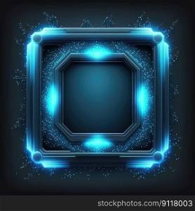 Abstract of glowing futuristic square frame illuminated with neon blue color light. Concept of futuristic geometric shape in gaming. Finest generative AI.. Abstract of glowing futuristic square frame illuminated with neon blue in game.