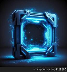 Abstract of glowing futuristic square frame illuminated with neon blue color light. Concept of futuristic geometric shape in gaming. Finest generative AI.. Abstract of glowing futuristic square frame illuminated with neon blue in game.