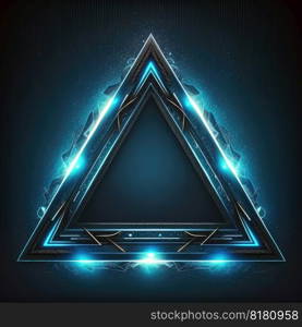 Abstract of glowing futuristic triangle frame illuminated with neon blue color light. Concept of futuristic geometric shape in gaming. Finest generative AI.. Abstract of glowing futuristic triangle frame illuminated with neon blue.