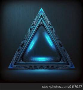 Abstract of glowing futuristic triangle frame illuminated with neon blue color light. Concept of futuristic geometric shape in gaming. Finest generative AI.. Abstract of glowing futuristic triangle frame illuminated with neon blue.