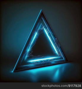 Abstract of glowing futuristic triangle frame illuminated with neon blue color light. Concept of futuristic geometric shape in gaming. Finest generative AI.. Abstract of glowing futuristic triangle frame illuminated with neon blue.