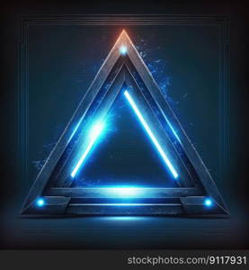 Abstract of glowing futuristic triangle frame illuminated with neon blue color light. Concept of futuristic geometric shape in gaming. Finest generative AI.. Abstract of glowing futuristic triangle frame illuminated with neon blue.