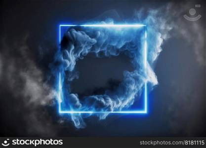 Abstract of glowing smoke square frame illuminated with neon light on darkness sky view. Concept of futuristic minimal geometric shape in paradise. Finest generative AI.. Abstract of glowing smoke square frame illuminated with neon light on sky view.