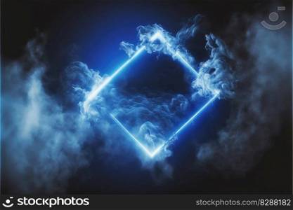 Abstract of glowing smoke square frame illuminated with neon light on darkness sky view. Concept of futuristic minimal geometric shape in paradise. Finest generative AI.. Abstract of glowing smoke square frame illuminated with neon light on sky view.