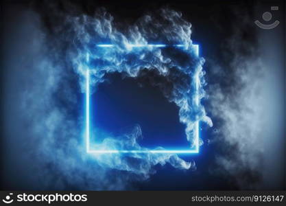 Abstract of glowing smoke square frame illuminated with neon light on darkness sky view. Concept of futuristic minimal geometric shape in paradise. Finest generative AI.. Abstract of glowing smoke square frame illuminated with neon light on sky view.