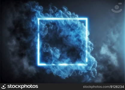 Abstract of glowing smoke square frame illuminated with neon light on darkness sky view. Concept of futuristic minimal geometric shape in paradise. Finest generative AI.. Abstract of glowing smoke square frame illuminated with neon light on sky view.