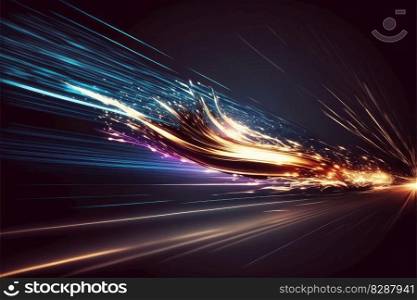 Abstract of high speed car racing of multicolored taillight in streak concept. Art in digital street background. Finest generative AI.. Abstract of high speed car racing of multicolored taillight in streak concept.