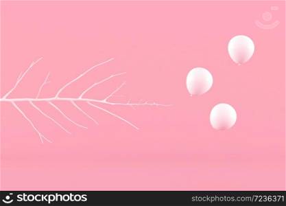 Abstract of minimal composition concept, branch and white balloons on pink background. 3D rendering.