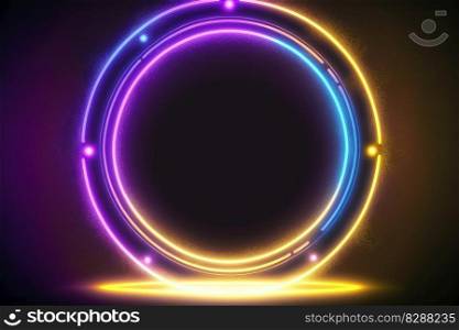 Abstract of neon circle shape isolated on space background in spotlight. Theme of lighting frame digital art design innovation. Finest generative AI.. Abstract of neon circle shape isolated on background in colorful spotlight.
