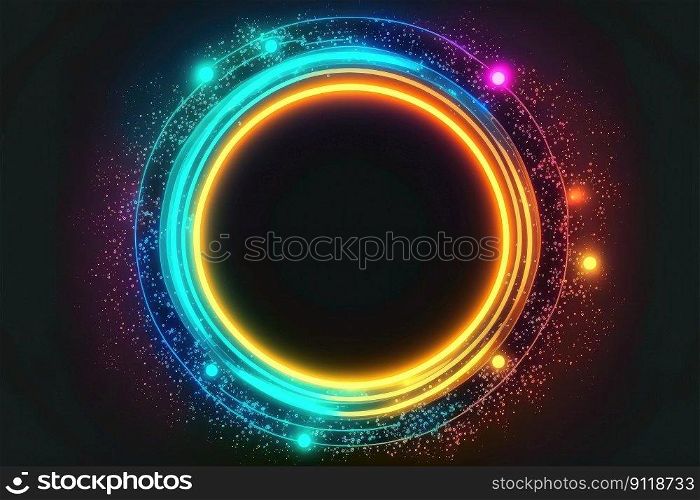 Abstract of neon circle shape isolated on space background in spotlight. Theme of lighting frame digital art design innovation. Finest generative AI.. Abstract of neon circle shape isolated on background in colorful spotlight.