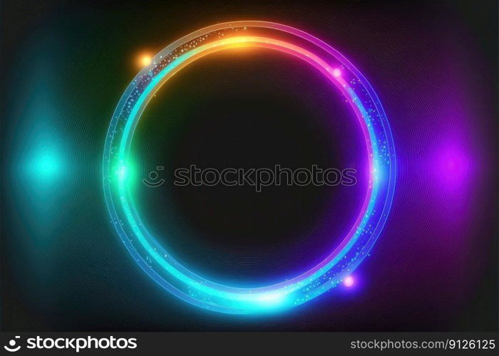 Abstract of neon circle shape isolated on space background in spotlight. Theme of lighting frame digital art design innovation. Finest generative AI.. Abstract of neon circle shape isolated on background in colorful spotlight.