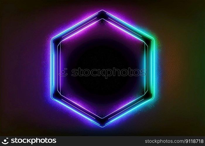 Abstract of neon hexagon shape isolated on space background in reflective colorful spotlight. Theme of lighting frame digital art design innovation. Finest generative AI.. Abstract of neon hexagon shape isolated on background in spotlight.