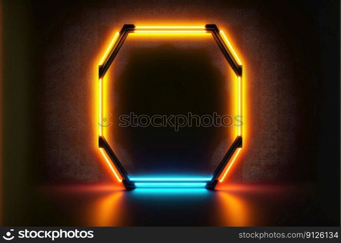 Abstract of neon hexagon shape isolated on space background in reflective colorful spotlight. Theme of lighting frame digital art design innovation. Finest generative AI.. Abstract of neon hexagon shape isolated on background in spotlight.