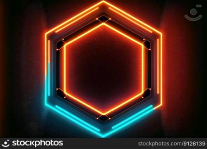 Abstract of neon hexagon shape isolated on space background in reflective colorful spotlight. Theme of lighting frame digital art design innovation. Finest generative AI.. Abstract of neon hexagon shape isolated on background in spotlight.