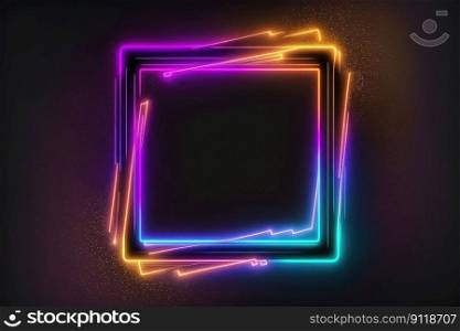 Abstract of neon square shape isolated on space background in reflective colorful spotlight. Theme of lighting frame digital art design innovation. Finest generative AI.. Abstract of neon square shape isolated on space background in spotlight.