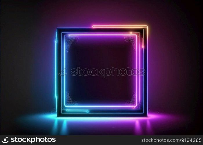 Abstract of neon square shape isolated on space background in reflective colorful spotlight. Theme of lighting frame digital art design innovation. Finest generative AI.. Abstract of neon square shape isolated on space background in spotlight.