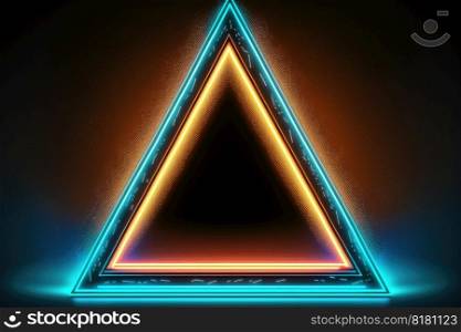 Abstract of neon triangle shape isolated on space background in reflective colorful spotlight. Theme of lighting frame digital art design innovation. Finest generative AI.. Abstract of neon triangle shape isolated on background in spotlight.