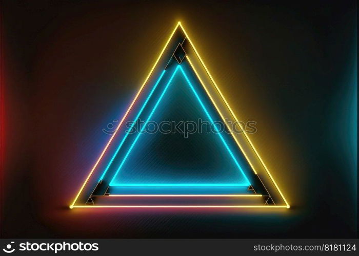 Abstract of neon triangle shape isolated on space background in reflective colorful spotlight. Theme of lighting frame digital art design innovation. Finest generative AI.. Abstract of neon triangle shape isolated on background in spotlight.