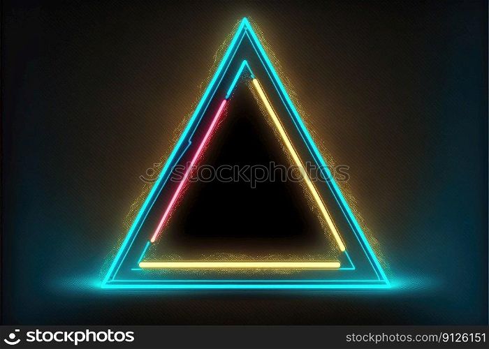 Abstract of neon triangle shape isolated on space background in reflective colorful spotlight. Theme of lighting frame digital art design innovation. Finest generative AI.. Abstract of neon triangle shape isolated on background in spotlight.