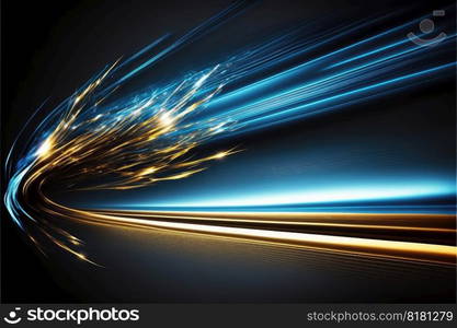 Abstract of speed car racing of taillight in streak with blue and gold color concept. Art in digital street background. Finest generative AI.. Abstract of aurora in fantastic forest with purple light in Scandinavian.