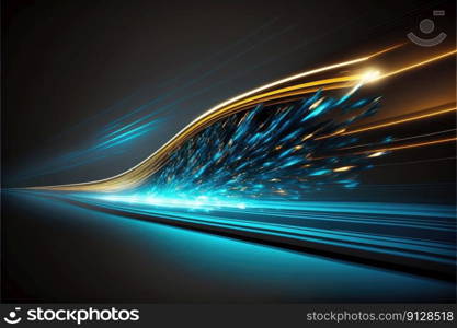 Abstract of speed car racing of taillight in streak with blue and gold color concept. Art in digital street background. Finest generative AI.. Abstract of aurora in fantastic forest with purple light in Scandinavian.