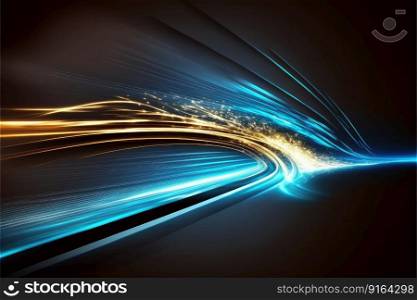 Abstract of speed car racing of taillight in streak with blue and gold color concept. Art in digital street background. Finest generative AI.. Abstract of aurora in fantastic forest with purple light in Scandinavian.