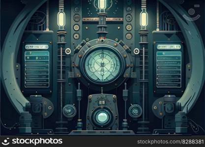 Abstract of steampunk machine in futuristic out space. Concept of energy device reactor electricity. Finest generative AI.. Abstract of steampunk machine in futuristic out space.