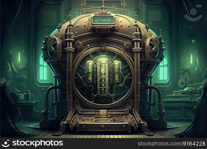 Abstract of steampunk machine in futuristic out space. Concept of energy device reactor electricity. Finest generative AI.. Abstract of steampunk machine in futuristic out space.