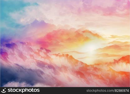 Abstract of sunset mood in the sky with cloudy background. Wallpaper in colorful gradient pastel painting with watercolor shading technique. Finest generative AI.. Abstract of sunset mood in the sky with cloudy background.