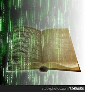 Abstract old book with binary code background.. Book and code