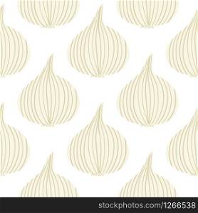 Abstract onion seamless pattern on white backdrop. Hand drawn onion bulb vegetable wallpaper. Organic texture. Design for fabric, textile print, wrapping paper, kitchen textiles. Vector illustration. Abstract onion seamless pattern on white backdrop. Hand drawn onion bulb vegetable wallpaper.
