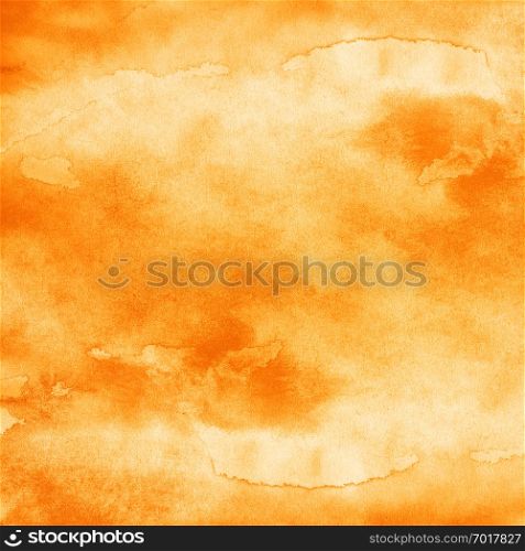 Abstract orange watercolor background with texture aquarelle paint and paper. Empty surface of square format with grunge effect for your text or collage.
