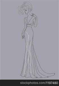 Abstract outline of graceful lady in a sophisticated evening gown design isolated on the muted blue gray background