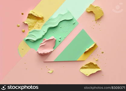 Abstract paint texture background with gold, green, pink geometric shapes. Creative colorful web banner. 3D. Abstract texture background with geometric shapes, pink, green and gold colors. 3D