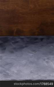Abstract painted background texture as table top. Plaster surface front view with copy space