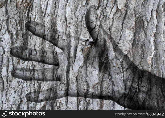 Abstract, painting of a hand in a tree, isolated