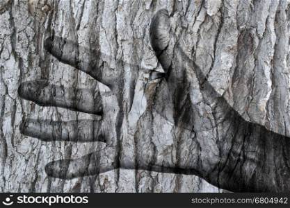 Abstract, painting of a hand in a tree, isolated