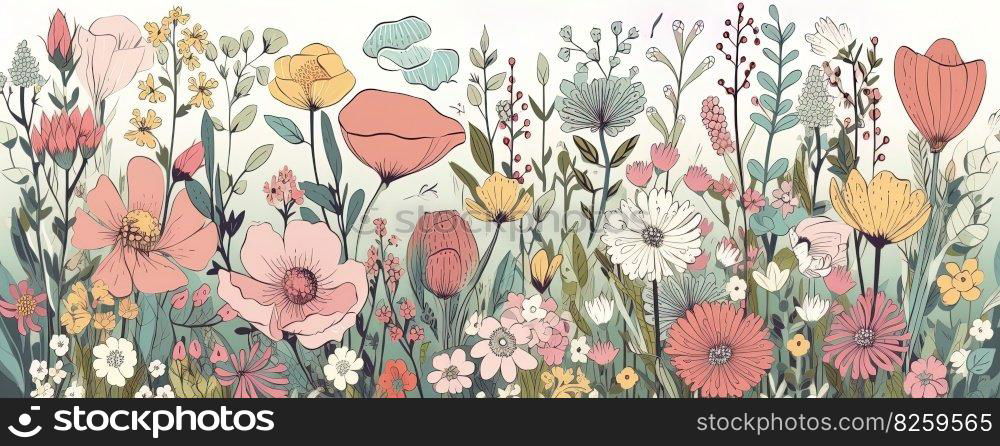 Abstract Pastel colors, Naive style Illustration of flower meadow .Concept illustration banner. Generative AI.