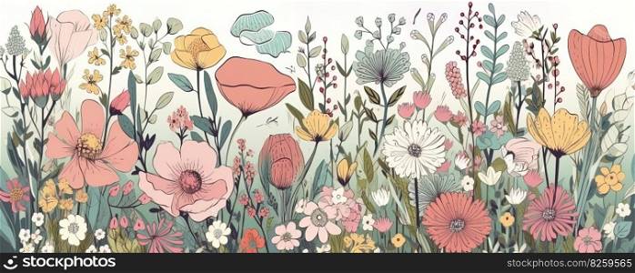 Abstract Pastel colors, Naive style Illustration of flower meadow .Concept illustration banner. Generative AI.