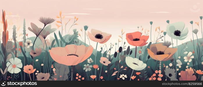 Abstract Pastel colors, Naive style Illustration of flower meadow .Concept illustration banner. Generative AI.