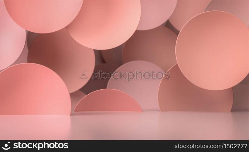 Abstract pastel pink background with flying circles and spheres. 3D render. Perfect nude color background for cosmetics or fashion products. Place your text or object over background. Use for product pranding and presentation.. Abstract pastel pink background with flying circles and spheres. 3D illustration. Perfect nude color background for cosmetics or fashion products. Place your text or object over background. Use for product pranding and presentation.