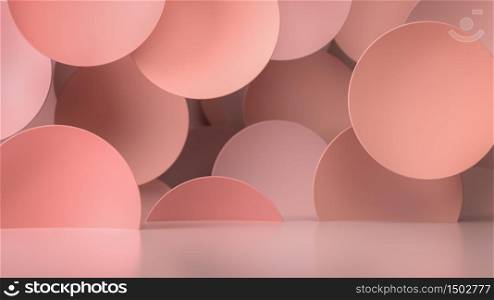 Abstract pastel pink background with flying circles and spheres. 3D render. Perfect nude color background for cosmetics or fashion products. Place your text or object over background. Use for product pranding and presentation.. Abstract pastel pink background with flying circles and spheres. 3D illustration. Perfect nude color background for cosmetics or fashion products. Place your text or object over background. Use for product pranding and presentation.