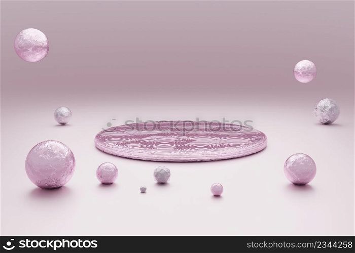 Abstract pastel pink background with round podium and pearls. 3D. Abstract pastel pink background with round podium and pearls. 3D rendering