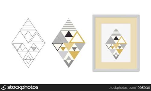 Abstract pattern of geometric shapes in color, line art style and framed. Vector illustration